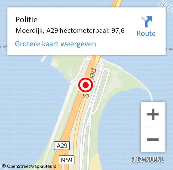 Locatie op kaart van de 112 melding: Politie Moerdijk, A29 hectometerpaal: 97,6 op 23 maart 2023 10:31
