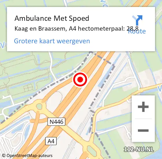 Locatie op kaart van de 112 melding: Ambulance Met Spoed Naar Kaag en Braassem, A4 hectometerpaal: 28,8 op 23 maart 2023 15:30