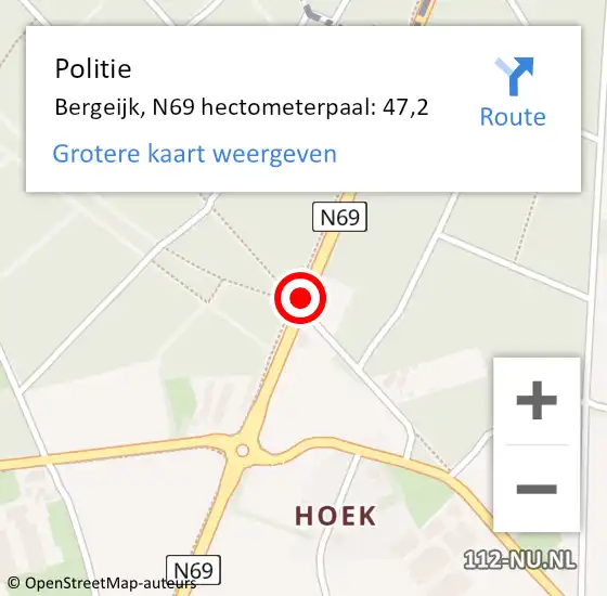 Locatie op kaart van de 112 melding: Politie Bergeijk, N69 hectometerpaal: 47,2 op 23 maart 2023 15:33