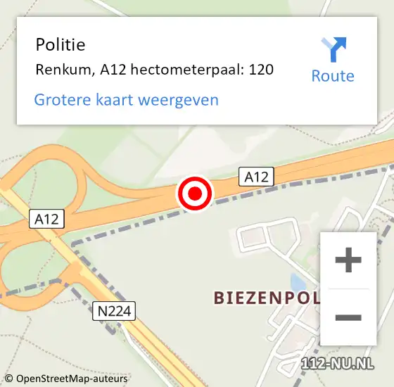 Locatie op kaart van de 112 melding: Politie Renkum, A12 hectometerpaal: 120 op 23 maart 2023 15:41