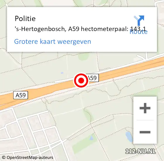 Locatie op kaart van de 112 melding: Politie 's-Hertogenbosch, A59 hectometerpaal: 143,1 op 23 maart 2023 16:51
