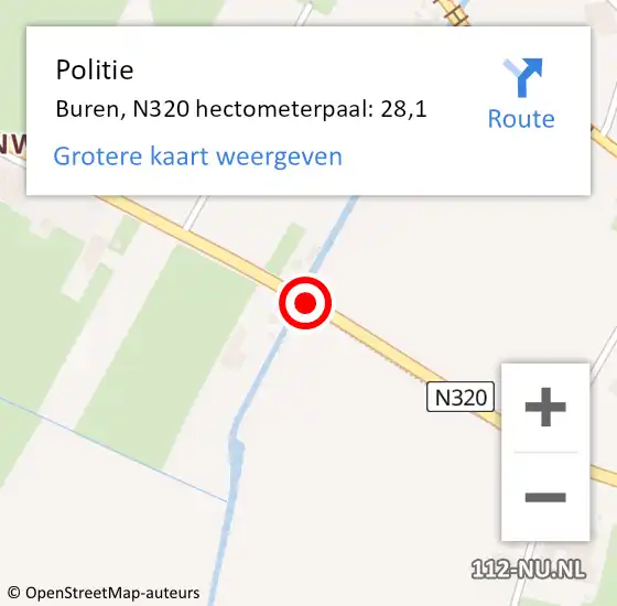 Locatie op kaart van de 112 melding: Politie Buren, N320 hectometerpaal: 28,1 op 24 maart 2023 06:07