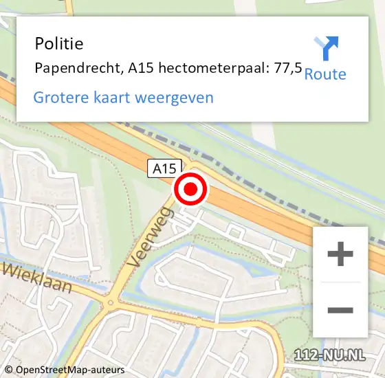 Locatie op kaart van de 112 melding: Politie Papendrecht, A15 hectometerpaal: 77,5 op 24 maart 2023 08:04