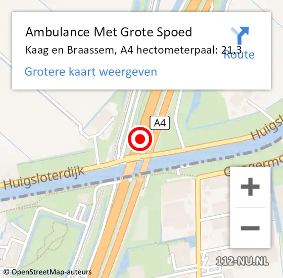 Locatie op kaart van de 112 melding: Ambulance Met Grote Spoed Naar Kaag en Braassem, A4 hectometerpaal: 21,3 op 24 maart 2023 14:29