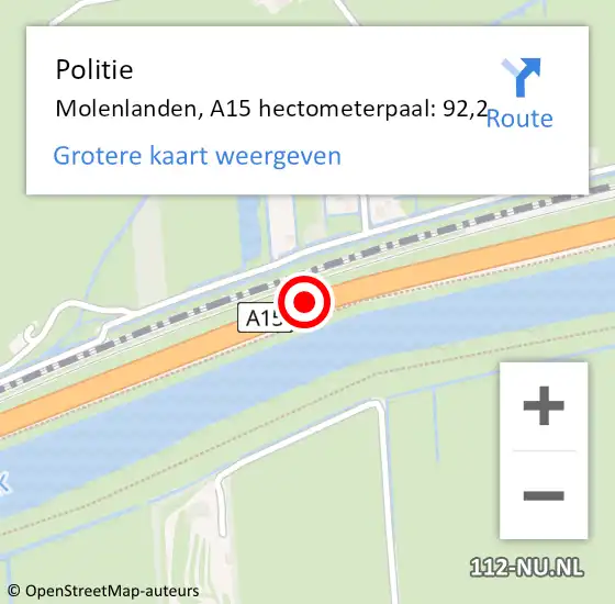 Locatie op kaart van de 112 melding: Politie Molenlanden, A15 hectometerpaal: 92,2 op 24 maart 2023 14:46