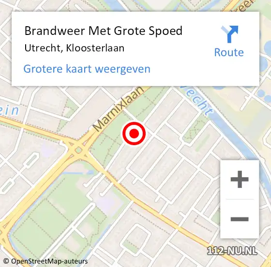 Locatie op kaart van de 112 melding: Brandweer Met Grote Spoed Naar Utrecht, Kloosterlaan op 24 maart 2023 16:08