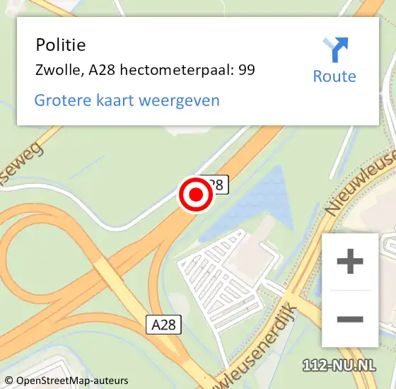 Locatie op kaart van de 112 melding: Politie Zwolle, A28 hectometerpaal: 99 op 24 maart 2023 17:03