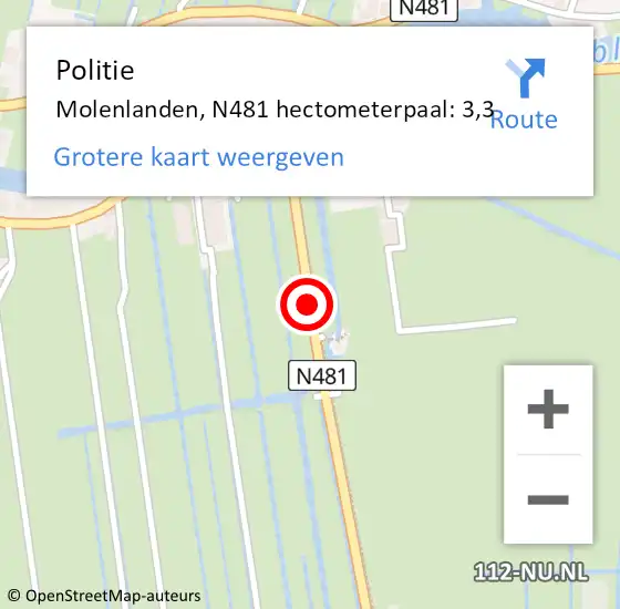 Locatie op kaart van de 112 melding: Politie Molenlanden, N481 hectometerpaal: 3,3 op 25 maart 2023 06:43