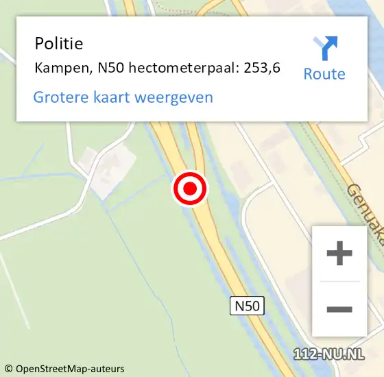 Locatie op kaart van de 112 melding: Politie Kampen, N50 hectometerpaal: 253,6 op 25 maart 2023 08:06