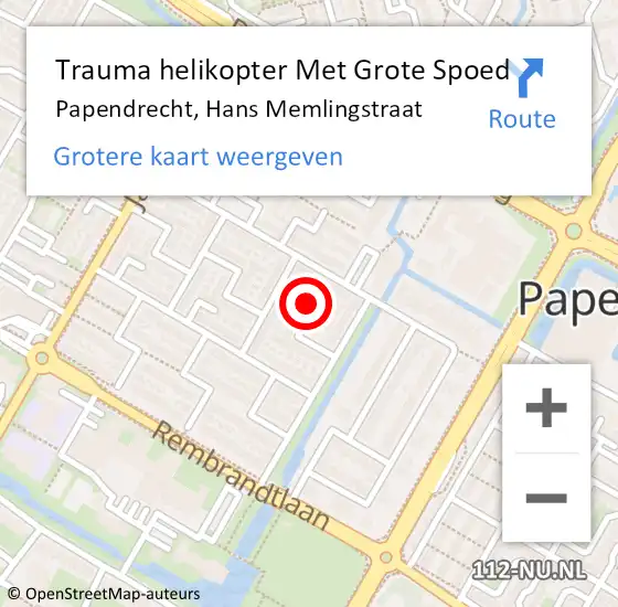 Locatie op kaart van de 112 melding: Trauma helikopter Met Grote Spoed Naar Papendrecht, Hans Memlingstraat op 25 maart 2023 10:22