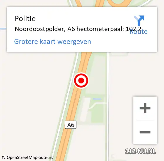 Locatie op kaart van de 112 melding: Politie Noordoostpolder, A6 hectometerpaal: 102,2 op 25 maart 2023 10:43