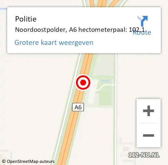 Locatie op kaart van de 112 melding: Politie Noordoostpolder, A6 hectometerpaal: 102,1 op 25 maart 2023 10:43