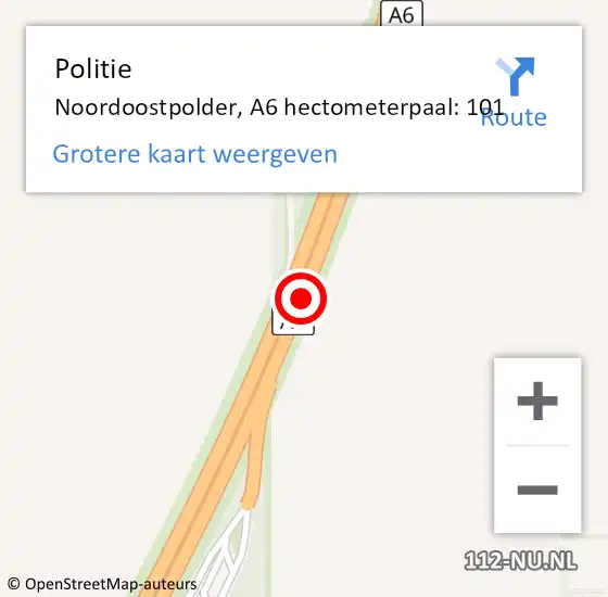 Locatie op kaart van de 112 melding: Politie Noordoostpolder, A6 hectometerpaal: 101 op 25 maart 2023 10:45