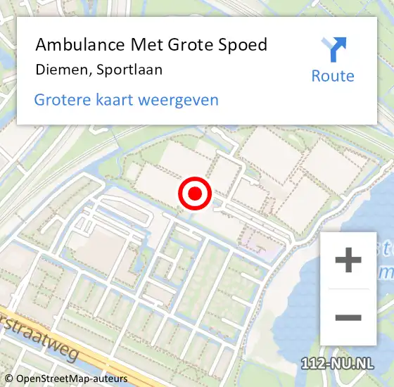 Locatie op kaart van de 112 melding: Ambulance Met Grote Spoed Naar Diemen, Sportlaan op 25 maart 2023 11:37