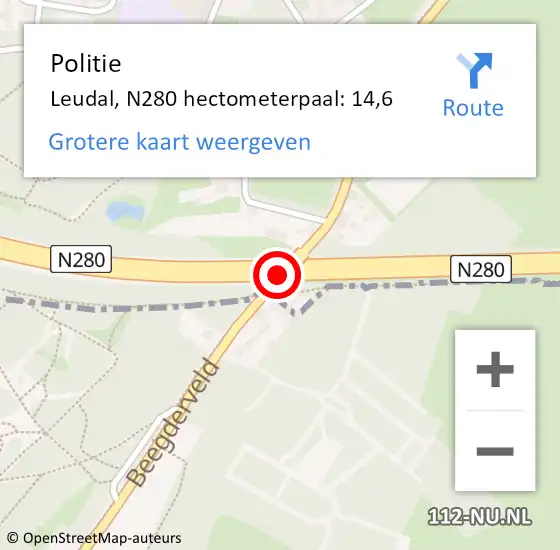 Locatie op kaart van de 112 melding: Politie Leudal, N280 hectometerpaal: 14,6 op 25 maart 2023 13:41