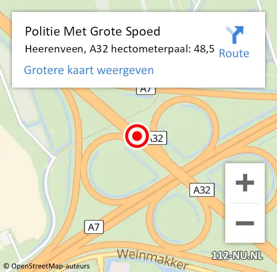 Locatie op kaart van de 112 melding: Politie Met Grote Spoed Naar Heerenveen, A32 hectometerpaal: 48,5 op 25 maart 2023 16:15