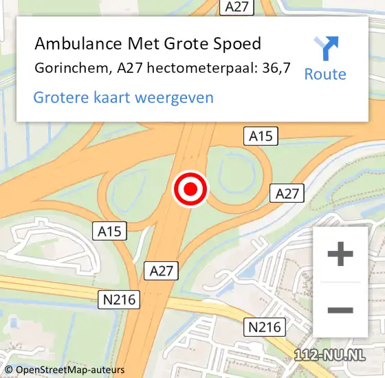 Locatie op kaart van de 112 melding: Ambulance Met Grote Spoed Naar Gorinchem, A27 hectometerpaal: 36,7 op 25 maart 2023 20:53