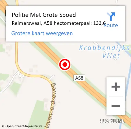 Locatie op kaart van de 112 melding: Politie Met Grote Spoed Naar Reimerswaal, A58 hectometerpaal: 133,6 op 25 maart 2023 21:09