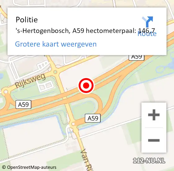 Locatie op kaart van de 112 melding: Politie 's-Hertogenbosch, A59 hectometerpaal: 146,7 op 26 maart 2023 00:49