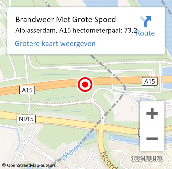 Locatie op kaart van de 112 melding: Brandweer Met Grote Spoed Naar Alblasserdam, A15 hectometerpaal: 73,2 op 26 maart 2023 08:13