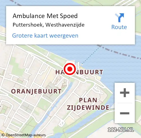 Locatie op kaart van de 112 melding: Ambulance Met Spoed Naar Puttershoek, Westhavenzijde op 26 maart 2023 10:33
