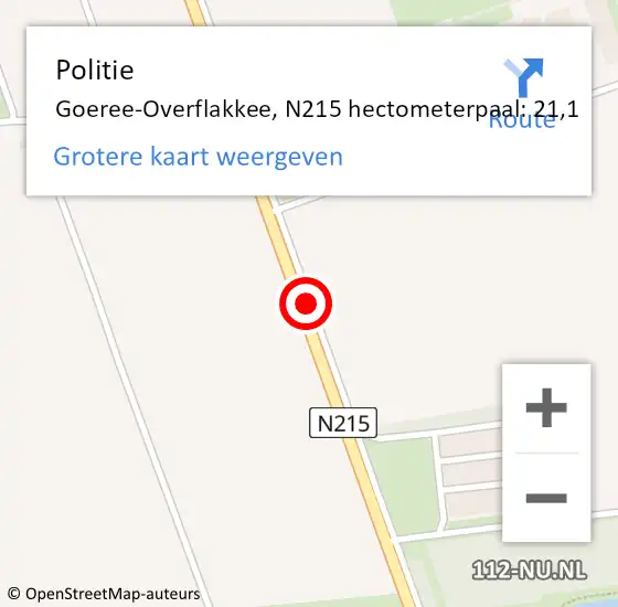 Locatie op kaart van de 112 melding: Politie Goeree-Overflakkee, N215 hectometerpaal: 21,1 op 26 maart 2023 11:09