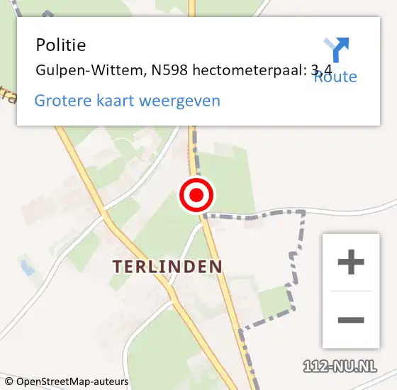 Locatie op kaart van de 112 melding: Politie Gulpen-Wittem, N598 hectometerpaal: 3,4 op 26 maart 2023 13:09