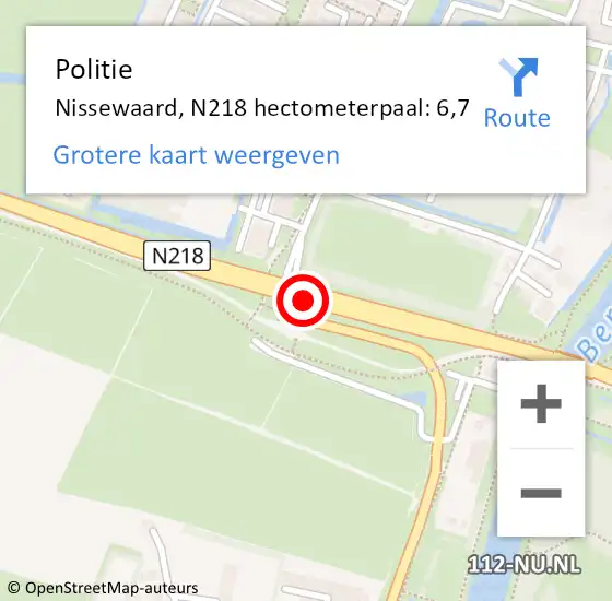 Locatie op kaart van de 112 melding: Politie Nissewaard, N218 hectometerpaal: 6,7 op 26 maart 2023 15:02