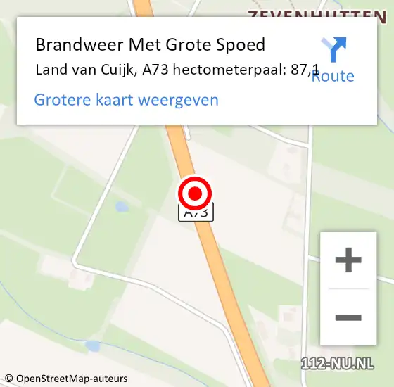 Locatie op kaart van de 112 melding: Brandweer Met Grote Spoed Naar Land van Cuijk, A73 hectometerpaal: 87,1 op 26 maart 2023 16:04