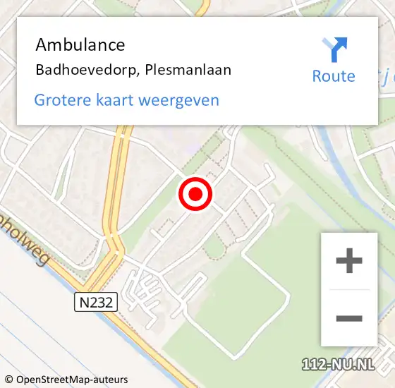 Locatie op kaart van de 112 melding: Ambulance Badhoevedorp, Plesmanlaan op 26 maart 2023 16:55