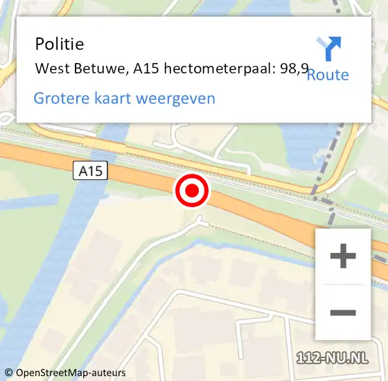 Locatie op kaart van de 112 melding: Politie West Betuwe, A15 hectometerpaal: 98,9 op 26 maart 2023 17:35