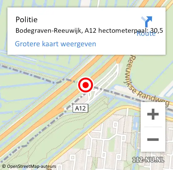 Locatie op kaart van de 112 melding: Politie Bodegraven-Reeuwijk, A12 hectometerpaal: 30,5 op 26 maart 2023 20:18