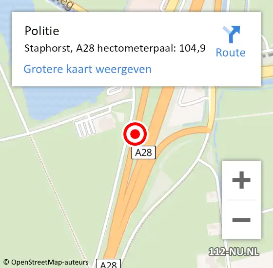 Locatie op kaart van de 112 melding: Politie Staphorst, A28 hectometerpaal: 104,9 op 26 maart 2023 20:34