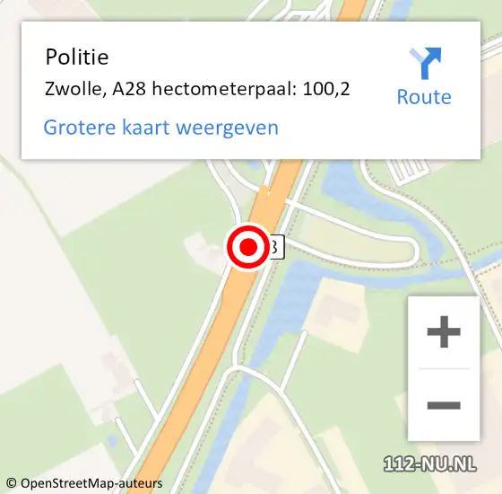 Locatie op kaart van de 112 melding: Politie Zwolle, A28 hectometerpaal: 100,2 op 26 maart 2023 20:34