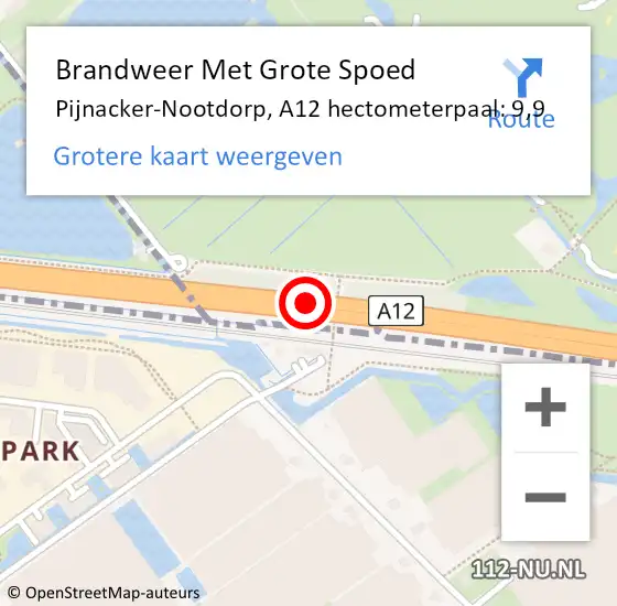 Locatie op kaart van de 112 melding: Brandweer Met Grote Spoed Naar Pijnacker-Nootdorp, A12 hectometerpaal: 9,9 op 27 maart 2023 08:03