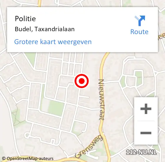 Locatie op kaart van de 112 melding: Politie Budel, Taxandrialaan op 27 maart 2023 08:23