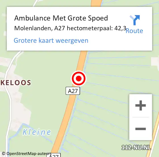 Locatie op kaart van de 112 melding: Ambulance Met Grote Spoed Naar Molenlanden, A27 hectometerpaal: 42,3 op 27 maart 2023 09:36