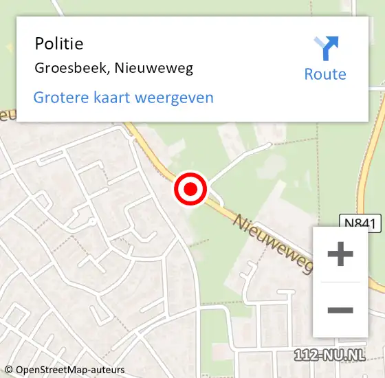 Locatie op kaart van de 112 melding: Politie Groesbeek, Nieuweweg op 20 augustus 2014 11:02