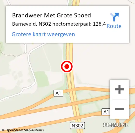 Locatie op kaart van de 112 melding: Brandweer Met Grote Spoed Naar Barneveld, N302 hectometerpaal: 128,4 op 27 maart 2023 11:04