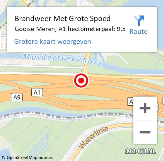 Locatie op kaart van de 112 melding: Brandweer Met Grote Spoed Naar Gooise Meren, A1 hectometerpaal: 9,5 op 27 maart 2023 20:14