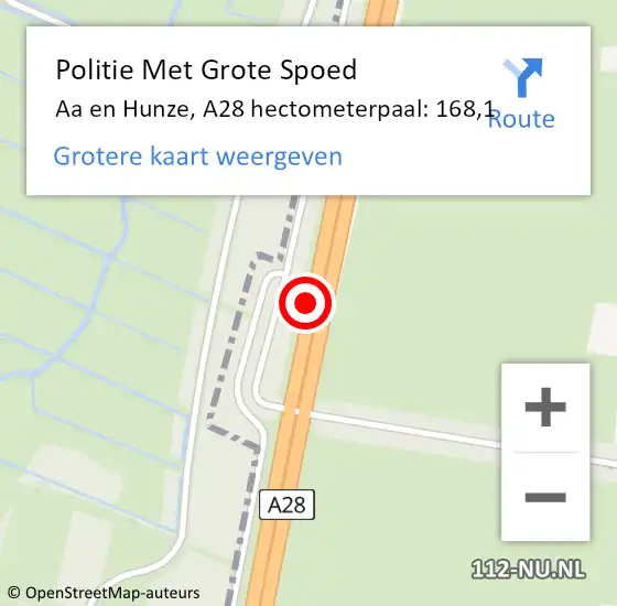 Locatie op kaart van de 112 melding: Politie Met Grote Spoed Naar Aa en Hunze, A28 hectometerpaal: 168,1 op 28 maart 2023 08:23