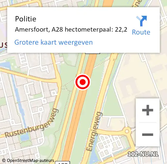 Locatie op kaart van de 112 melding: Politie Amersfoort, A28 hectometerpaal: 22,2 op 28 maart 2023 10:00
