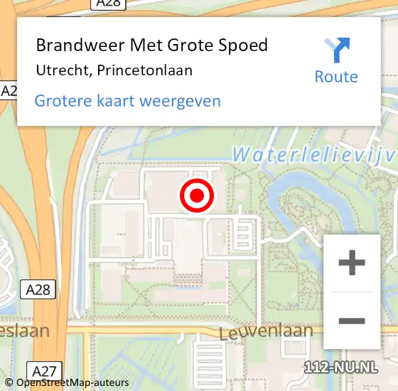 Locatie op kaart van de 112 melding: Brandweer Met Grote Spoed Naar Utrecht, Princetonlaan op 28 maart 2023 12:35