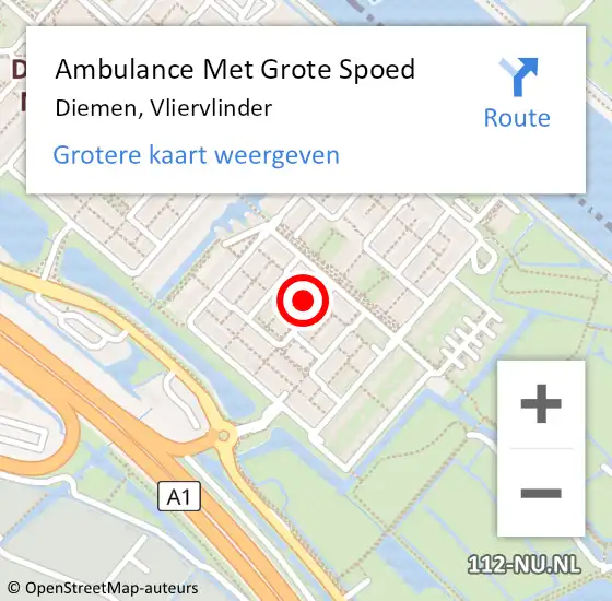 Locatie op kaart van de 112 melding: Ambulance Met Grote Spoed Naar Diemen, Vliervlinder op 28 maart 2023 13:13