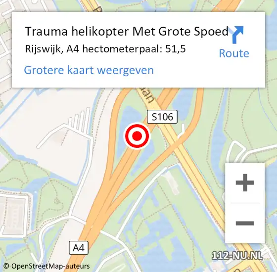 Locatie op kaart van de 112 melding: Trauma helikopter Met Grote Spoed Naar Rijswijk, A4 hectometerpaal: 51,5 op 28 maart 2023 14:48