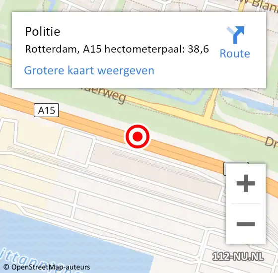 Locatie op kaart van de 112 melding: Politie Rotterdam, A15 hectometerpaal: 38,6 op 28 maart 2023 15:52