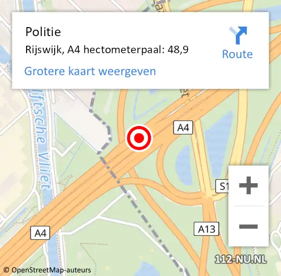Locatie op kaart van de 112 melding: Politie Rijswijk, A4 hectometerpaal: 48,9 op 28 maart 2023 16:54