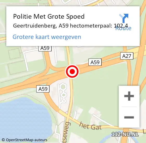 Locatie op kaart van de 112 melding: Politie Met Grote Spoed Naar Geertruidenberg, A59 hectometerpaal: 102,4 op 28 maart 2023 19:41