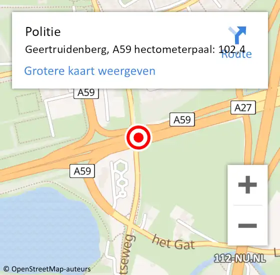 Locatie op kaart van de 112 melding: Politie Geertruidenberg, A59 hectometerpaal: 102,4 op 28 maart 2023 19:41