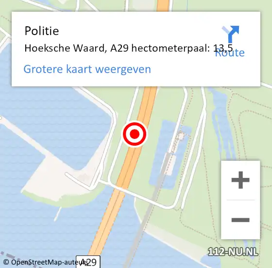 Locatie op kaart van de 112 melding: Politie Hoeksche Waard, A29 hectometerpaal: 13,5 op 28 maart 2023 21:16
